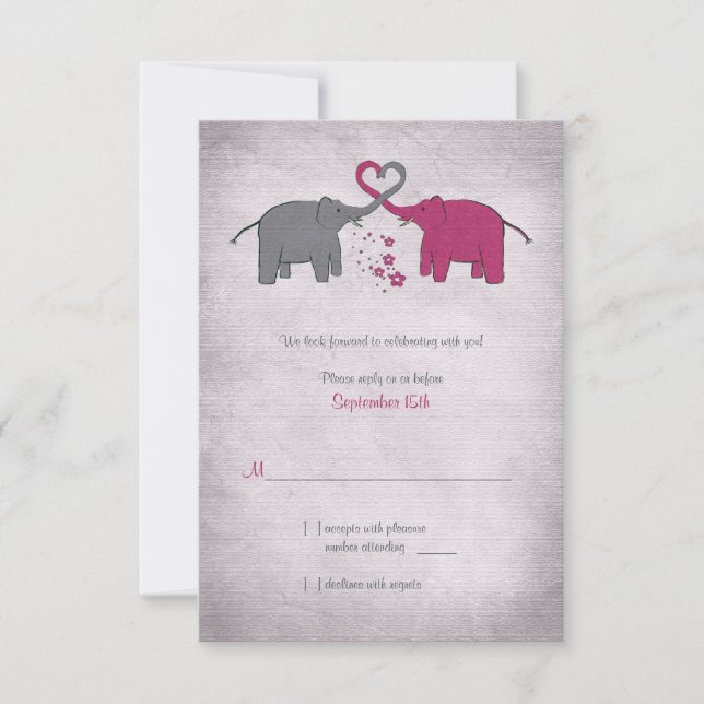 Pink and Grey Elephant Wedding Reply Card (Front)
