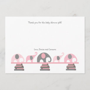 Pink and Grey elephants book baby shower thank you Card