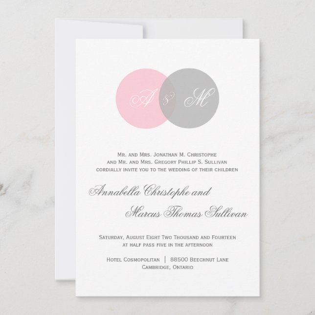 Pink and Grey Entwined Circles Wedding Invitation (Front)