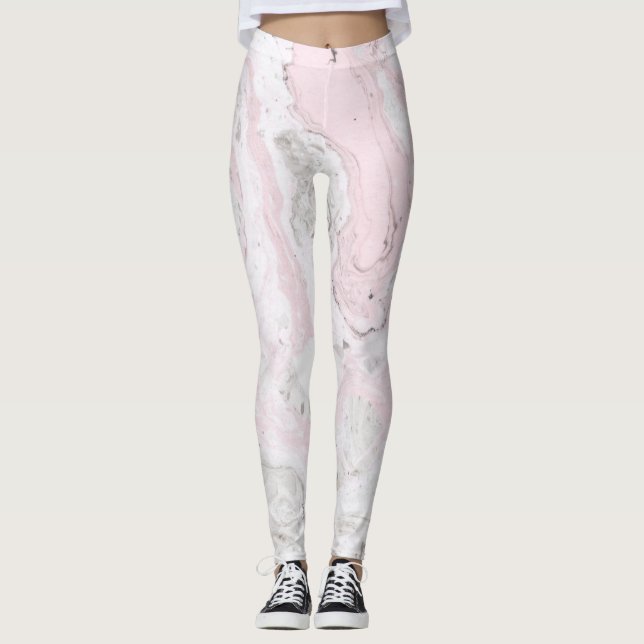 Pink and Grey Faux Marble Modern Leggings (Front)