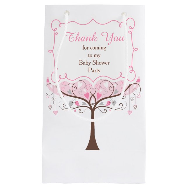 Pink and Grey Floral Bird Baby Shower Thank You Small Gift Bag (Front)