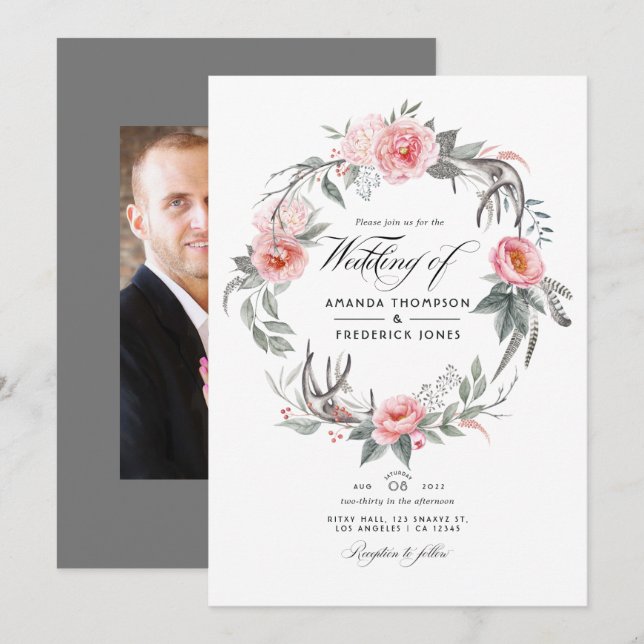 Pink and Grey Floral Bohemian Wedding Invitation (Front/Back)