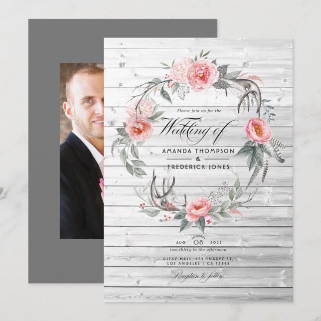 Pink and Grey Floral Bohemian Wedding Invitation (Front/Back)