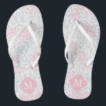 Pink and Grey Floral Damask Monogrammed Flip Flops<br><div class="desc">Beautiful and elegant floral damask pattern and quatrefoil frame monogram.</div>