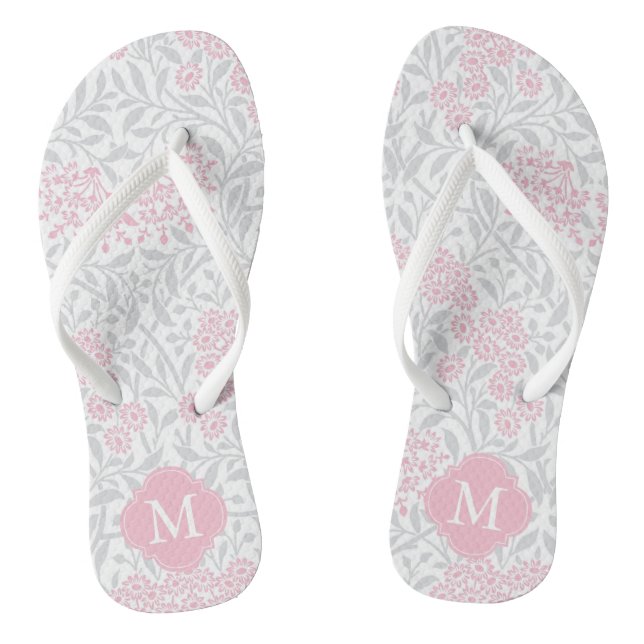 Pink and Grey Floral Damask Monogrammed Flip Flops (Footbed)