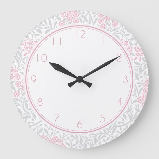 Pink and Grey Floral Damask Pattern Large Clock (Front)