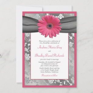Pink and Grey Floral Damask Wedding Invitation