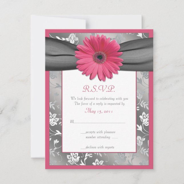 Pink and Grey Floral Damask Wedding Reply Card (Front)
