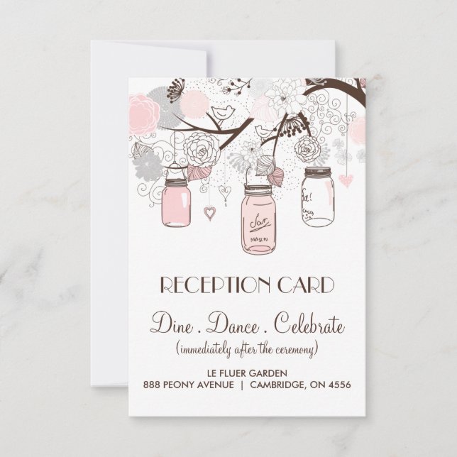 Pink and Grey Floral Mason Jars Reception Card (Front)