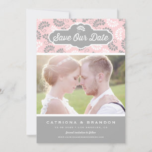 Pink and Grey Floral Pattern Photo Save Our Date Save The Date