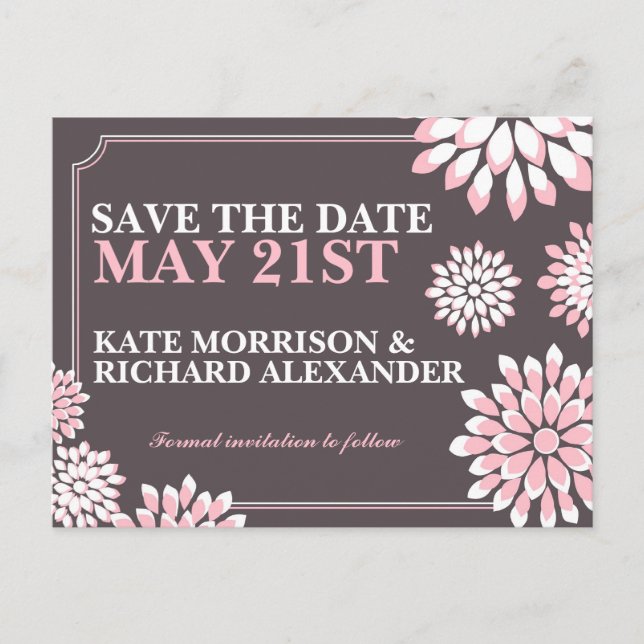 Pink and Grey Floral Save The Date Postcard (Front)