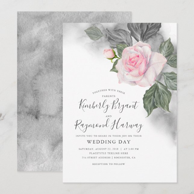 Pink and Grey Floral Watercolor Elegant Wedding Invitation (Front/Back)
