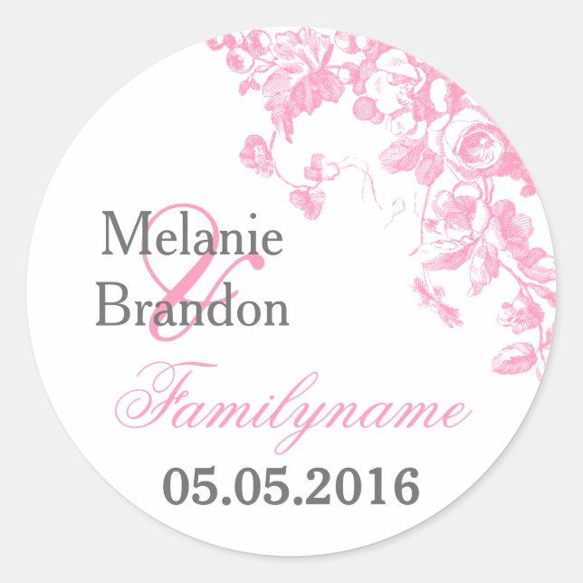 Pink and grey floral wedding stickers (Front)