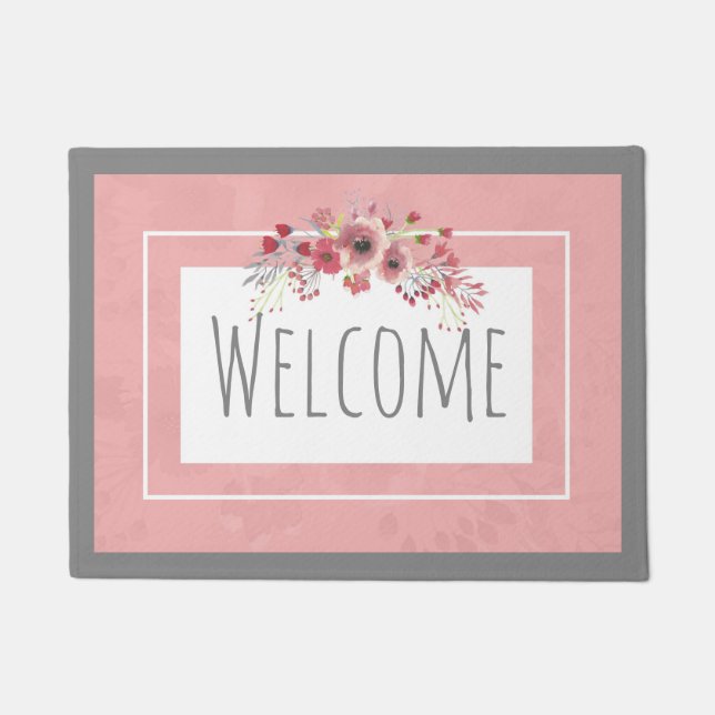 Pink and Grey Floral Welcome Doormat (Front)