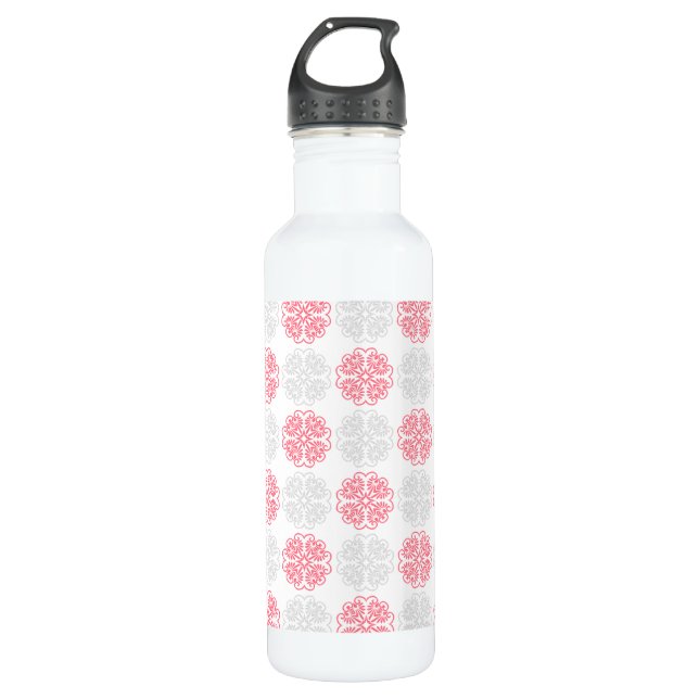 Pink and Grey Flourish Pattern Modern Water Bottle (Front)