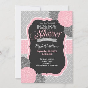 Pink and Grey Flowers Baby Shower Invitation