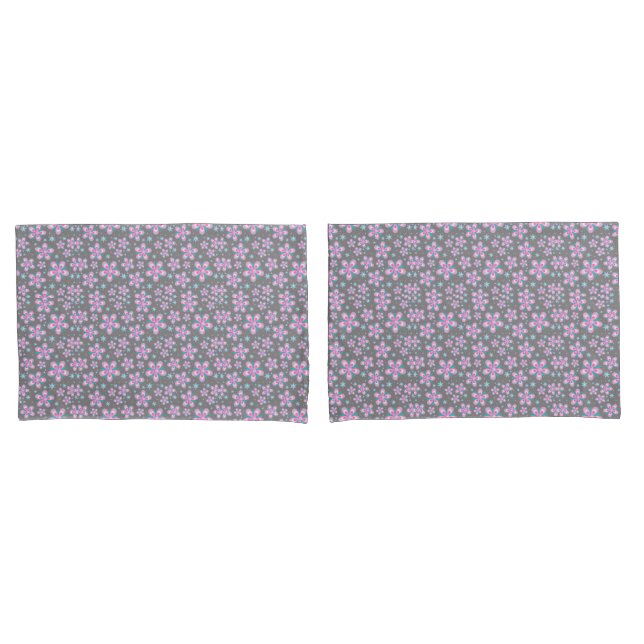 Pink and Grey Geometric Floral Pillowcases (Front-Set)