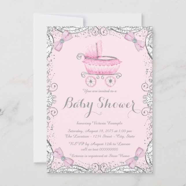 Pink and Grey Glitter Pram Baby Shower Invitation (Front)