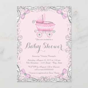Pink and Grey Glitter Pram Baby Shower Invitation