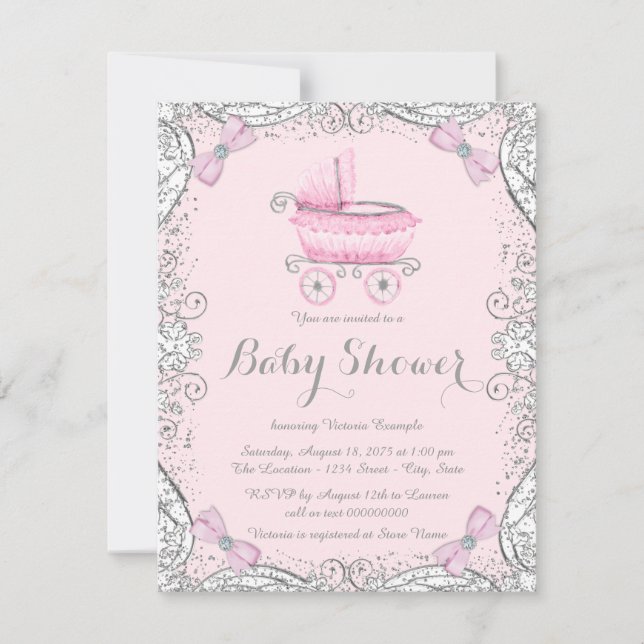 Pink and Grey Glitter Pram Baby Shower Invitation (Front)