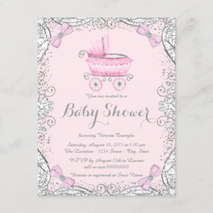 Pink and Grey Glitter Pram Baby Shower Invitation