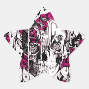 Pink and grey grunge melting skull star sticker