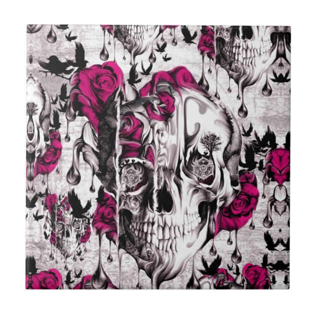 Pink and grey grunge melting skull tile (Front)