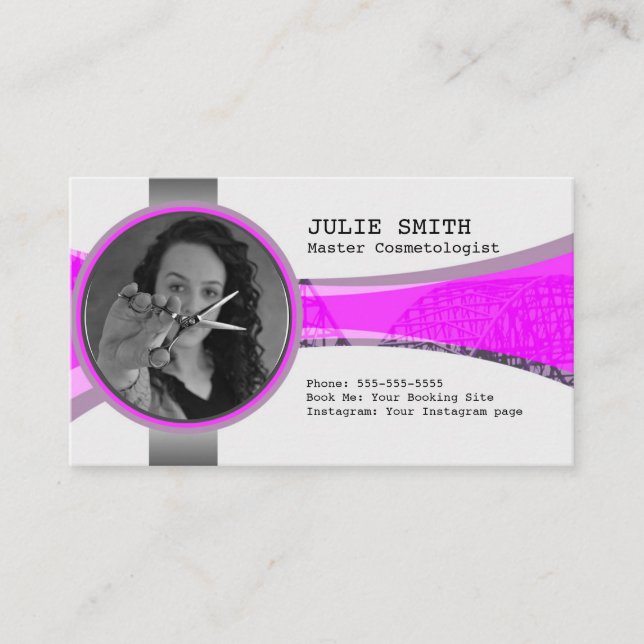 Pink and Grey Hair Stylist Photo Business Card (Front)