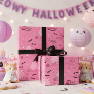 Pink and Grey Halloween Cute Cat Ghost Wrapping Paper