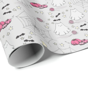 Pink and Grey Halloween Cute Cat Ghost Wrapping Paper