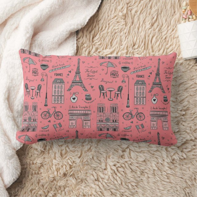 Pink and Grey Hand Drawn Paris Doodles  Lumbar Cushion (Blanket)