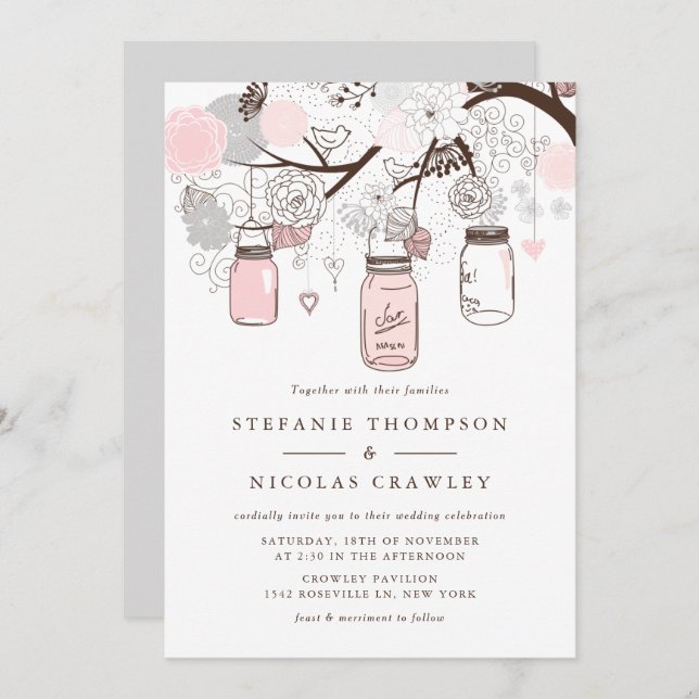 Pink and Grey Hanging Mason Jars Wedding Invitation (Front/Back)