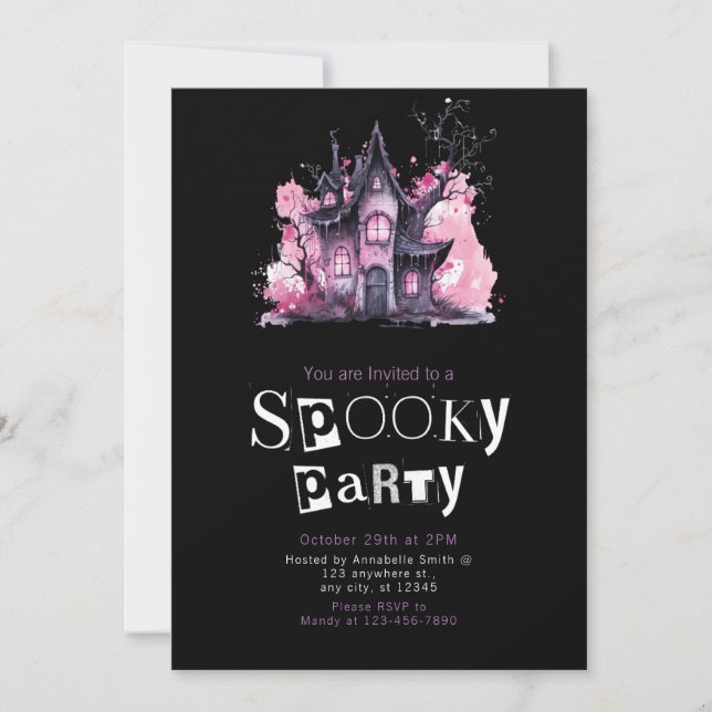 Pink and Grey Haunted House Halloween Party Invitation (Front)