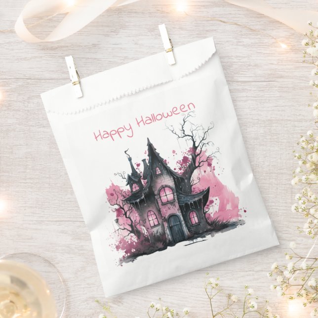 Pink and Grey Haunted House Happy Halloween Favour Bags (Clipped)