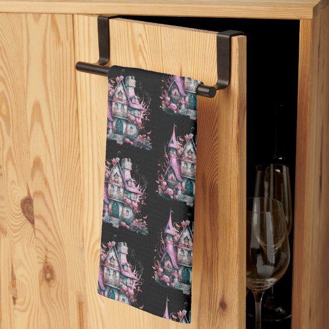 Pink and Grey Haunted House Pattern Halloween Tea Towel (Thirds Fold)