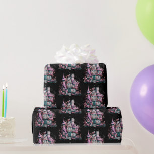 Pink and Grey Haunted House Pattern Halloween Wrapping Paper