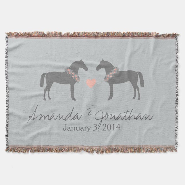Pink and Grey Horses Wedding Throw Blanket (Front)