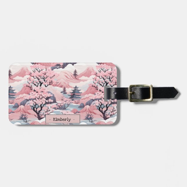 Pink and Grey Japanese Landscape Luggage Tag (Front Horizontal)