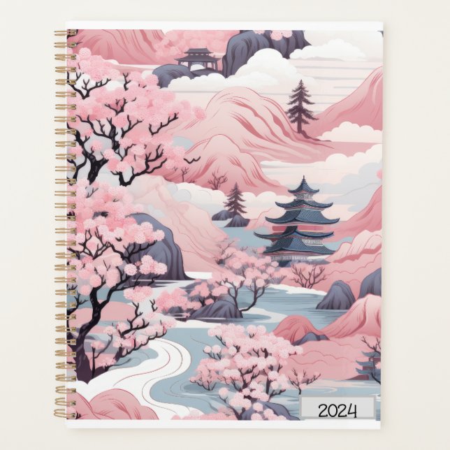 Pink and Grey Japanese Scenery Planner (Front)