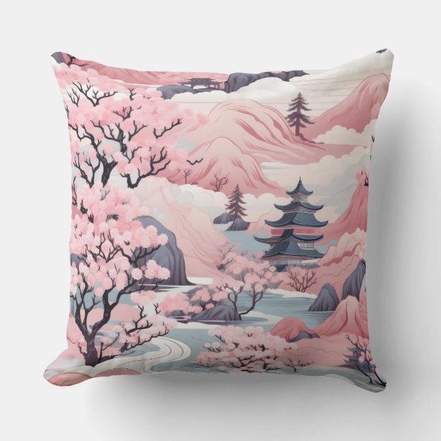 Pink and Grey Japanese Scenery Throw Pillow (Front)
