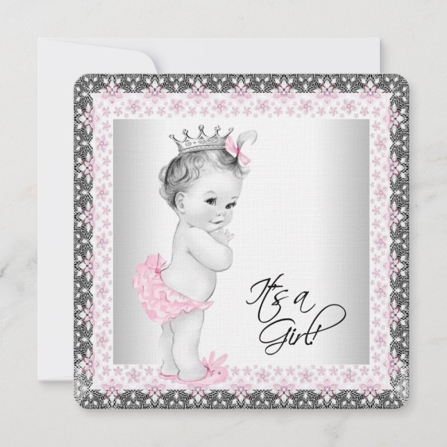 Pink and Grey Linen Baby Girl Shower Invitation (Front)