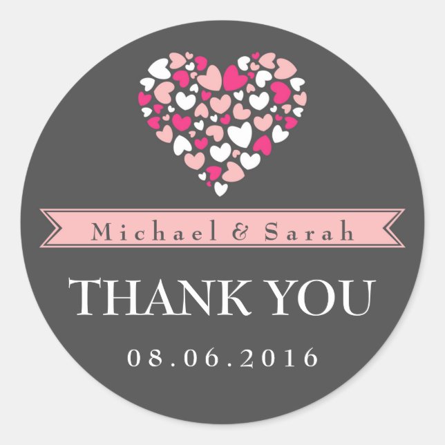 Pink and Grey Love Wedding Thank You Sticker (Front)