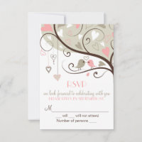 Pink and Grey Lovebird RSVP Wedding Card Invites