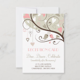 Pink and Grey Lovebirds Wedding Reception Card