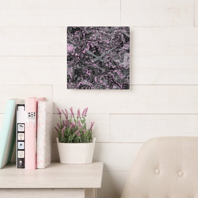 Pink and grey marble abstract square wall clock (Reading Room)