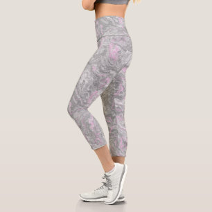 pink and grey Marble Swirl Abstract Capri Leggings