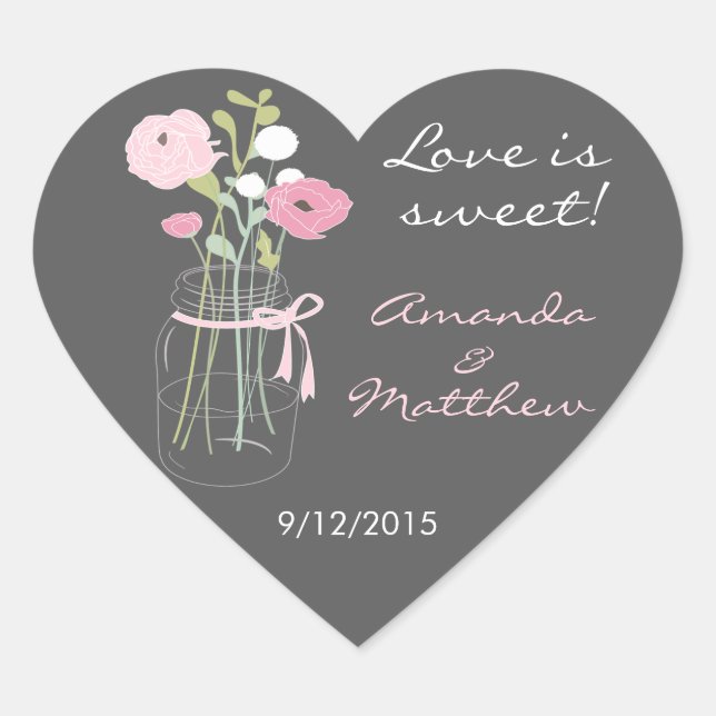Pink and Grey Mason Jar Wedding Favour Stickers (Front)
