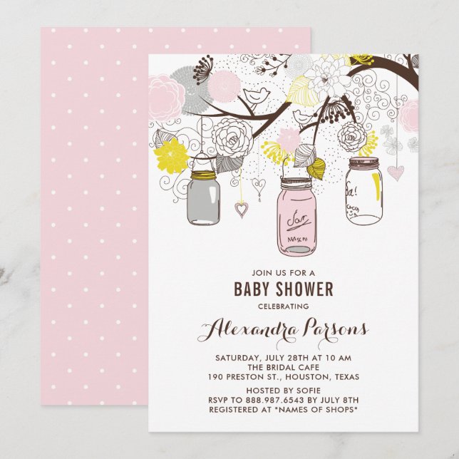 Pink and Grey Mason Jars and Flowers Baby Shower Invitation (Front/Back)