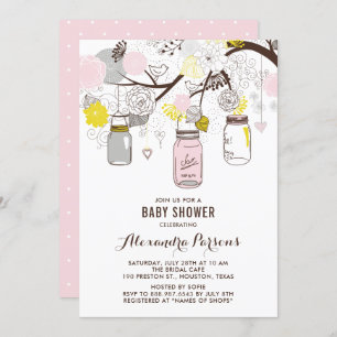 Pink and Grey Mason Jars and Flowers Baby Shower Invitation