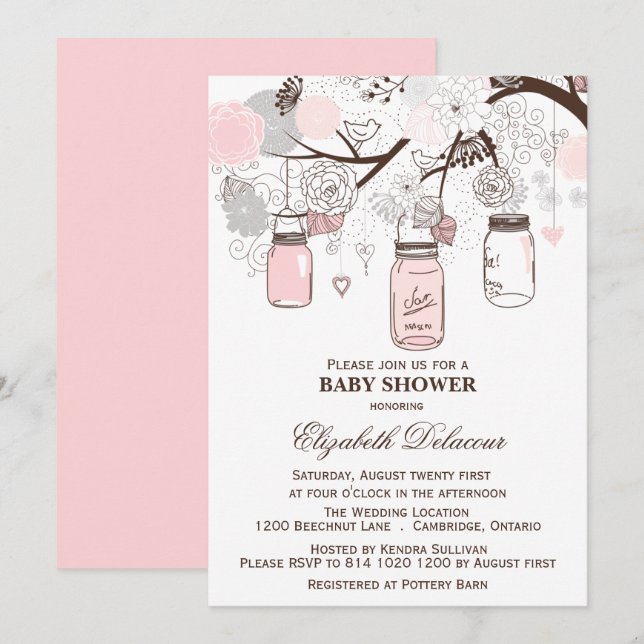 Pink and Grey Mason Jars Baby Shower Invitations (Front/Back)